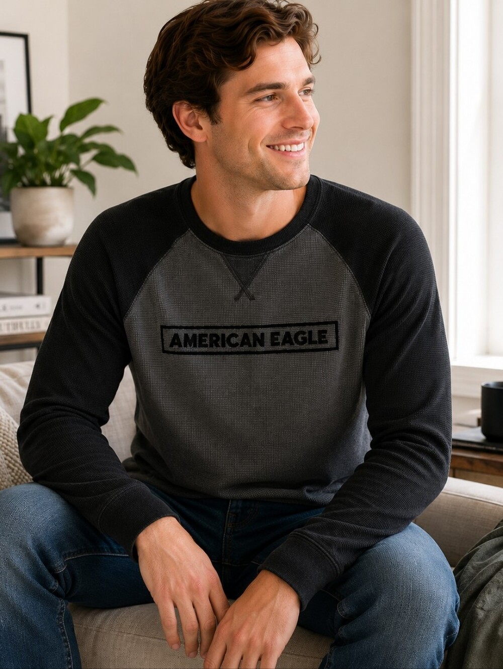American Eagle Men’s Gray Black Raglan Logo Thermal Shirt Medium